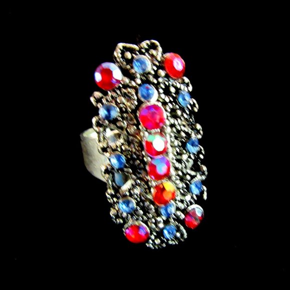 Red & blue rhinestone cocktail ring size 8 - 9 NEW - Picture 7 of 12